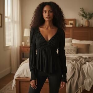 Free People Black V-neck Balloon Sleeves Long Sleeve Boho Blouse Sz S #OB1005811